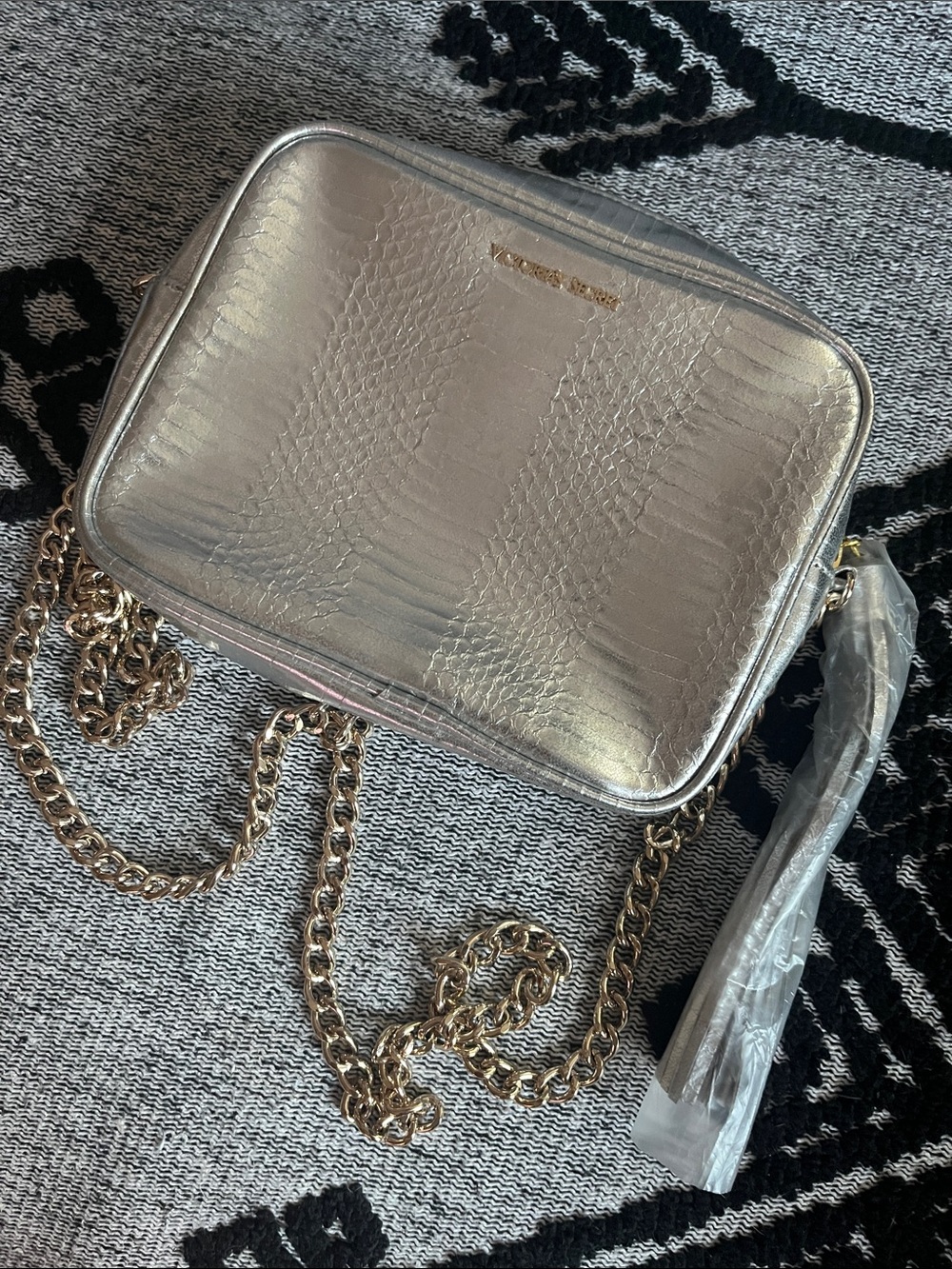 Victoria Secret Metallic Silver Crossbody Bag with Chain Strap